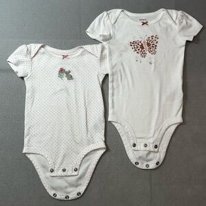 Two Carters baby girl onesies- 9m- White/pink designs- butterfly and bunny.